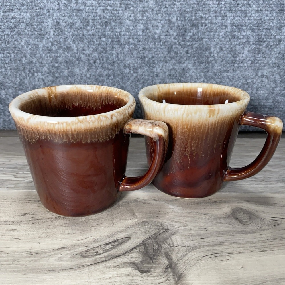 VTG McCoy USA Pottery Brown Drip Glaze Coffee Mugs Set of 2 Brown Ceramic Glass